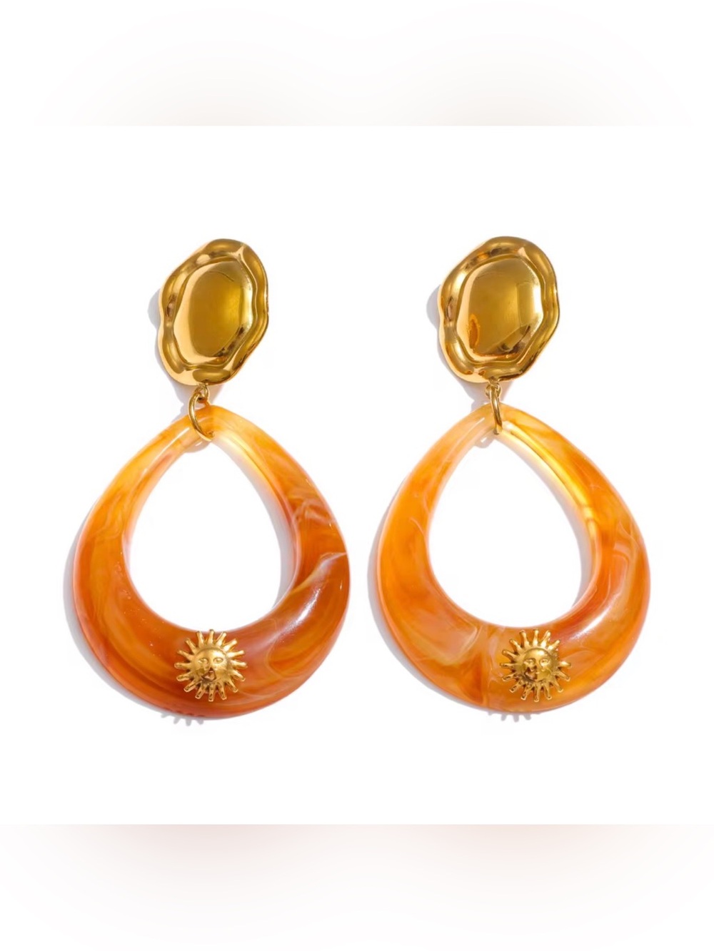 Gold & Amber Color Hoop Drop Earrings with Sunburst Accent